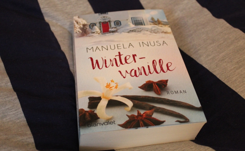 the book Wintervanille by Manuela Inusa on blue and gray stripes